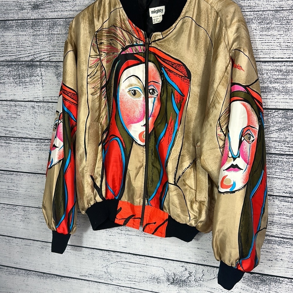 Vintage Mighty Picasso Artsy Women’s Bomber Jacket Art Coat Abstract Colorful - Picture 3 of 5